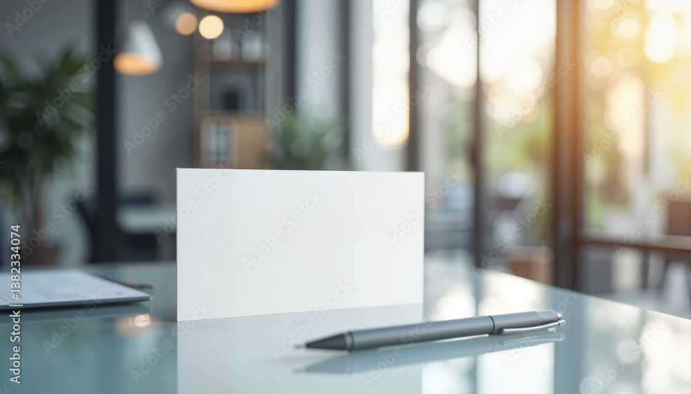 Modern horizontal card mockup on reflective glass surface, sleek design Modern horizontal card mockup on reflective glass surface, sleek design