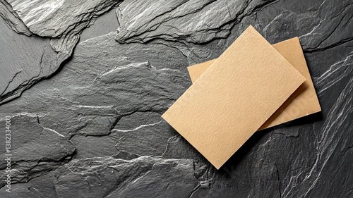 Two blank kraft paper cards resting on a textured dark stone surface, ideal for mockups and designs