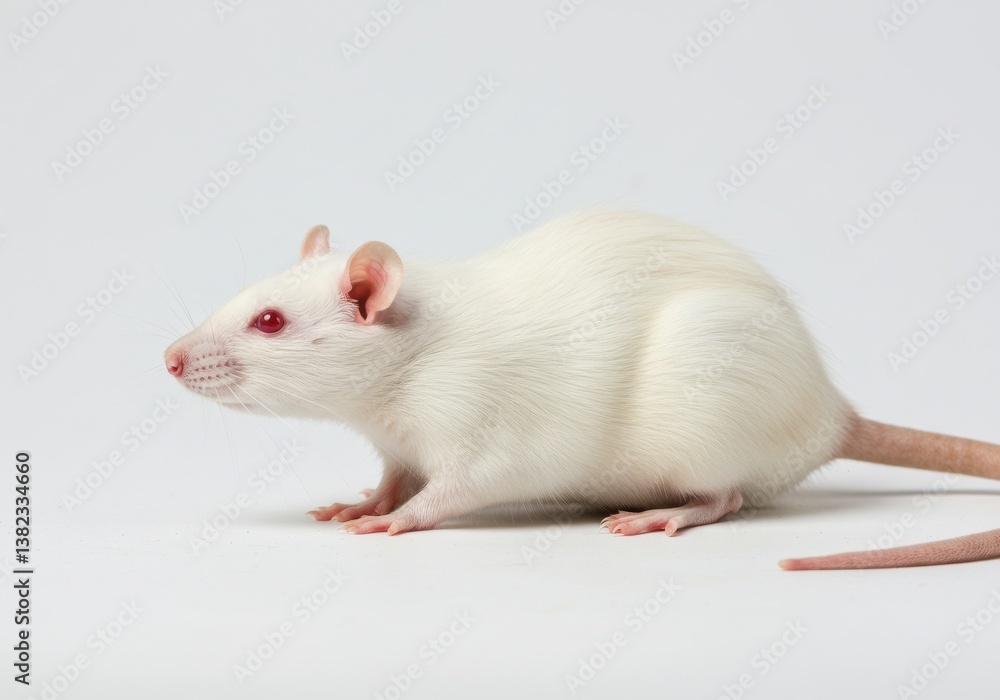 A white rat with pink eyes and tail standing on a white surface in a studio setting looking to the left A white rat with pink eyes and tail standing on a white surface in a studio setting looking to the left