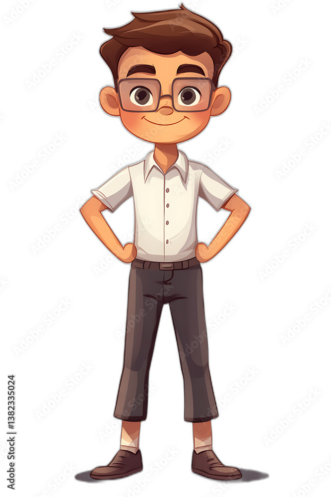 Cartoon schoolboy standing with hands on hips, confident and proud, floating cleanly on transparent background Cartoon schoolboy standing with hands on hips, confident and proud, floating cleanly on transparent background