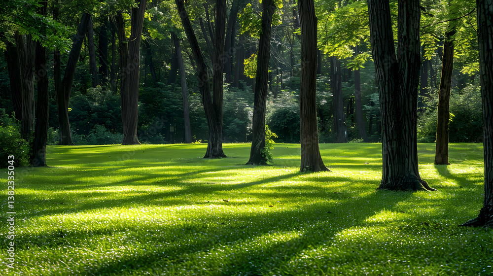 A serene forest scene with sunlight filtering through trees onto a grassy area.