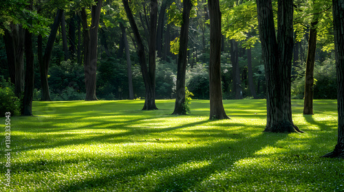 Obraz na płótnie A serene forest scene with sunlight filtering through trees onto a grassy area. w salonie