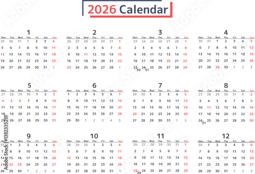 シンプルなデザインの2026年の月曜始まり年間カレンダーの素材