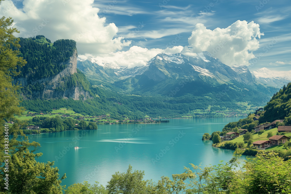 Obraz premium Turquoise Lake in Mountain Valley with Village and Lush Greenery Scenery