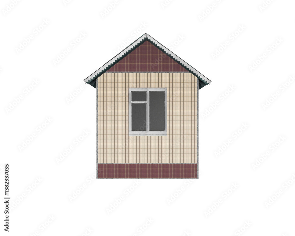 Small residential house facade isolated. Ceramic-tiled walls with beige and burgundy tiles, gable roof, and white window frame. Symmetrical front view. Small residential house facade isolated. Ceramic-tiled walls with beige and burgundy tiles, gable roof, and white window frame. Symmetrical front view.