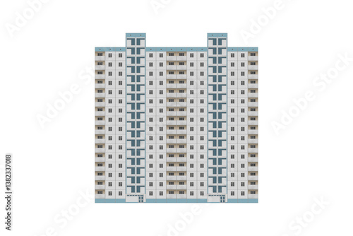Modern, high-rise apartment building lined with white ceramic tiles is isolated. Front view of a residential multistory building with balconies, typical of urban housing architecture.