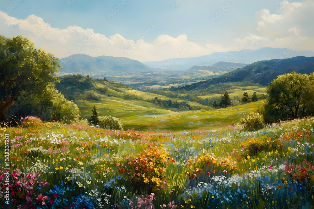 A vibrant landscape filled with colorful flowers and rolling hills under a bright sky.