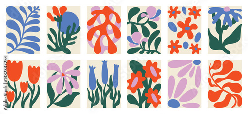 Botanical doodle background art vector set. Flower and leaves abstract shape doodle art design for print, wallpaper, clipart, wall art for home decoration.