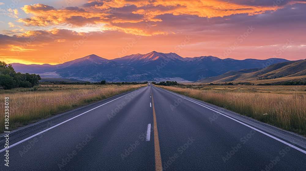 Naklejka premium Captivating Sunset Landscape view with Winding Mountain Road, a beautiful mountain road soft pastel colors breathtaking sunset, Beautiful landscape with empty highway and hills.