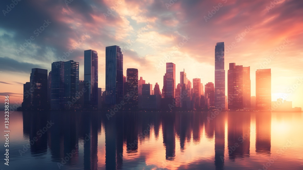 City skyline reflected in calm water at sunrise City skyline reflected in calm water at sunrise