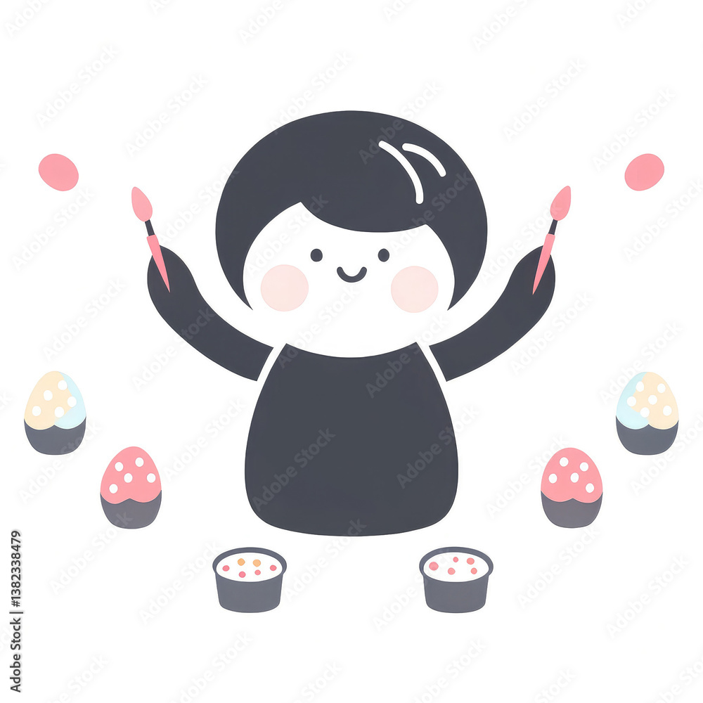 Easter treats celebratory. A cute character joyfully painting colorful eggs, surrounded by artistic supplies and decorated egg designs. isolated on white background Easter treats celebratory. A cute character joyfully painting colorful eggs, surrounded by artistic supplies and decorated egg designs. isolated on white background