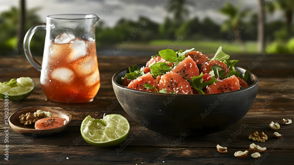 A refreshing watermelon salad with iced tea, garnished with lime and walnuts.