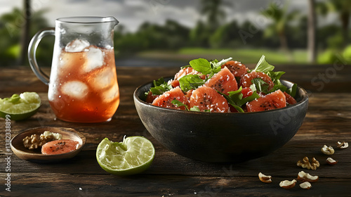 A refreshing watermelon salad with iced tea, garnished with lime and walnuts.