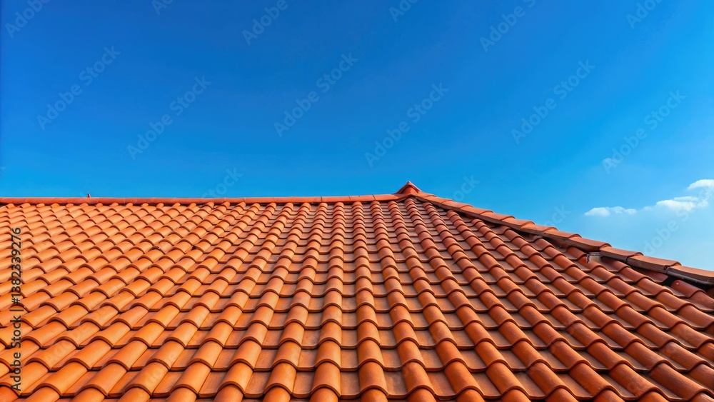 Urban Exploration: Red Tile Roof, Blue Sky, Abandoned House - Rooftop Photography, Urban Decay, Building Exterior Urban Exploration: Red Tile Roof, Blue Sky, Abandoned House - Rooftop Photography, Urban Decay, Building Exterior