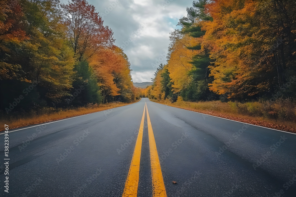 A scenic road surrounded by vibrant autumn foliage under a cloudy sky.