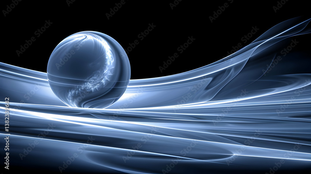 A serene abstract image featuring a glowing sphere amidst flowing light patterns.