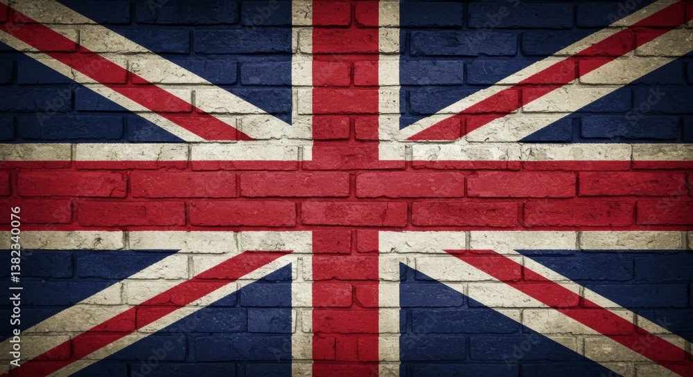 Fototapeta premium Distressed weathered brick wall displaying the iconic Union Jack flag mural