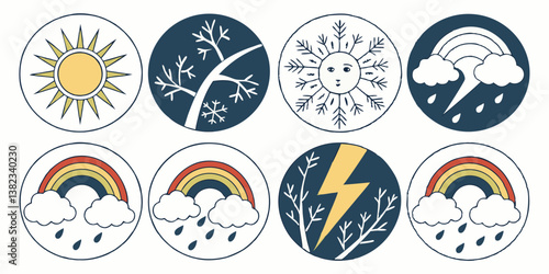 Cartoon Vector Weather Icons Set Sun Winter Snow Rain Rainbow Storm