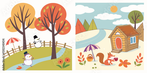 Cute Cartoon Autumn Fall Landscape Snowmen Squirrel Cabin Trees Colorful Leaves Illustration