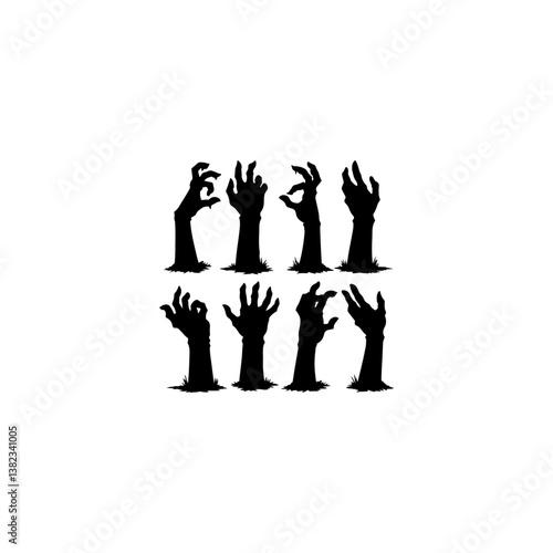 Halloween cemetery zombie hands silhouettes. Vector set of black spooky arms, sticking out of the ground, capturing eerie and chilling vibes.