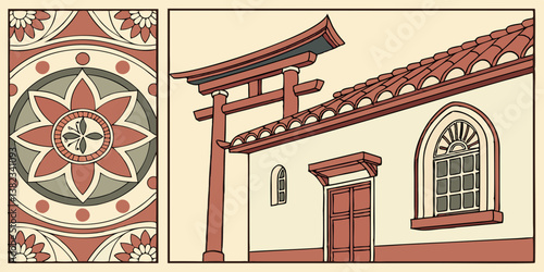 Red Torii Gate and White Building with Beige Floral Tile Cartoon Art