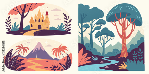 Cartoon Nature Scenery Scenes Flat Vector Art Castle Mountain Forest River Set