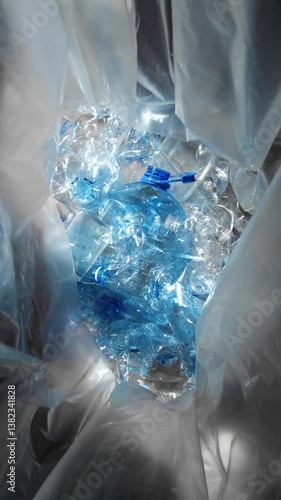 Washed blue plastic bottles packed in a bag for recycling. Dolly-out