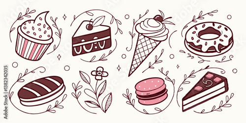 Hand-drawn Pink and Brown Dessert Doodle Illustration: Cupcake, Cake, Ice Cream, Donut, Macaron, Eclair, Bakery Pastry