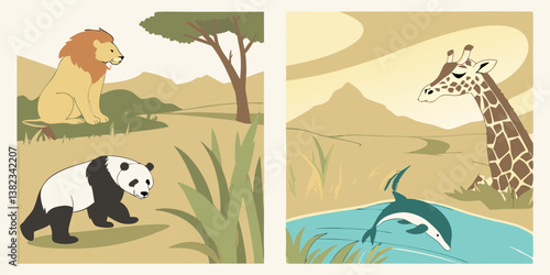Two Panel Flat Cartoon Illustration Lion Panda Giraffe Dolphin Safari Zoo Animals Wildlife Nature