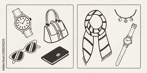 Black and White Line Art Fashion Accessories Watch Handbag Sunglasses Wallet Scarf Necklace
