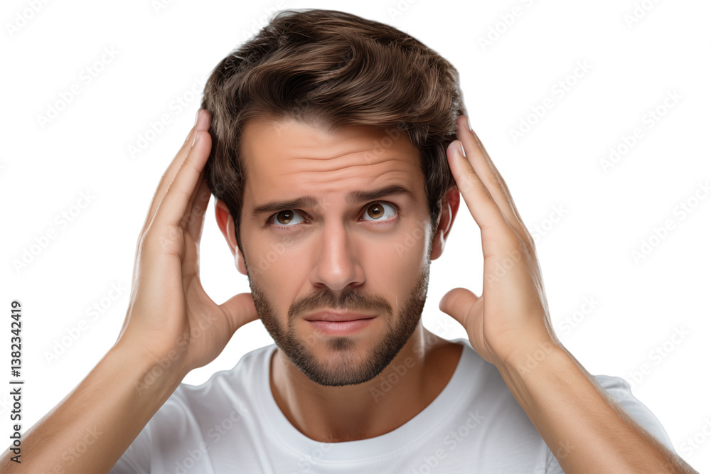 Fototapeta premium Man in white shirt looking upwards with hands on his head against a isolated image on transparent background png