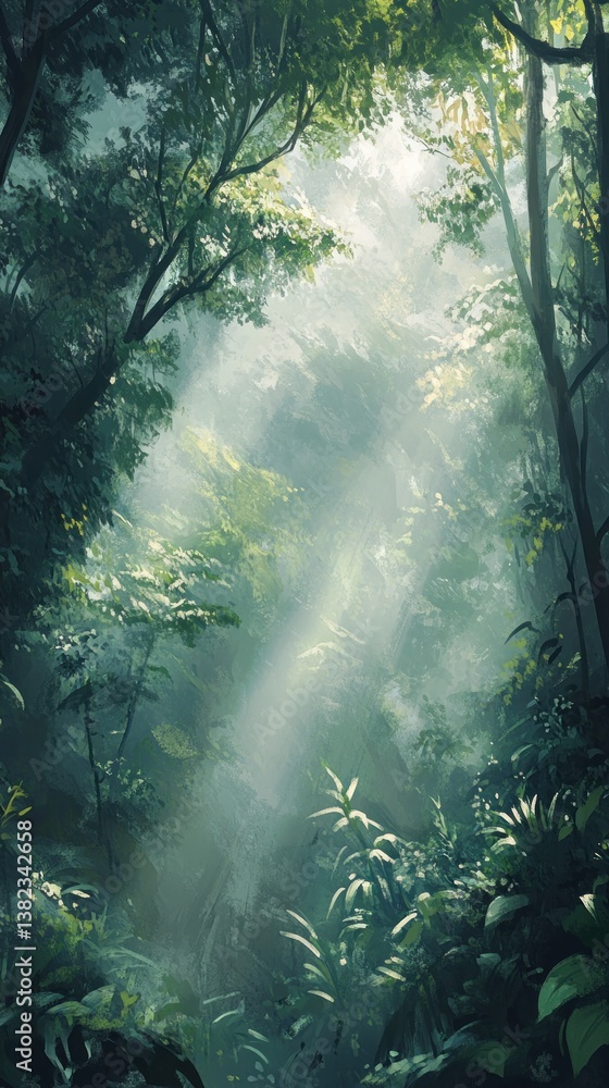 Obraz premium Sunlit canopy , a tranquil morning in the enchanting misty forest