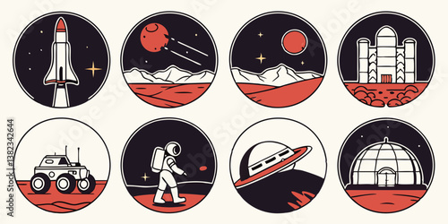 Space Exploration Mars Colonization Vector Icons Set Rocket Astronaut Rover UFO Mars Base Dome Buildings Line Art Style