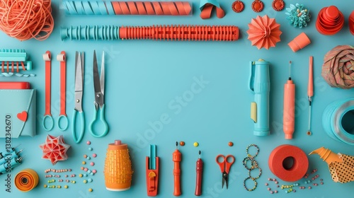A colorful arrangement of crafting tools and supplies on a bright blue background.