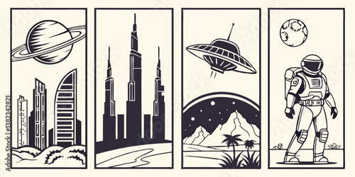 Black and White Retro Sci-Fi Space Exploration Vector Illustrations: Futuristic City Skyline Skyscrapers, Planet Rings, UFO, Astronaut Panels