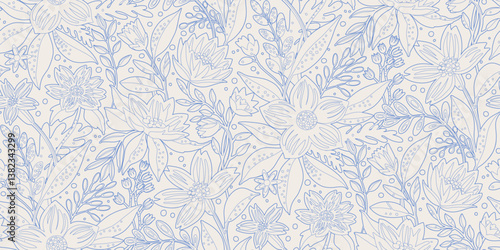 A seamless floral line-art pattern with delicate blue outlines on a light background. Ideal for wallpapers, textile designs, stationery, packaging, fabric prints, wrapping paper, greeting cards.