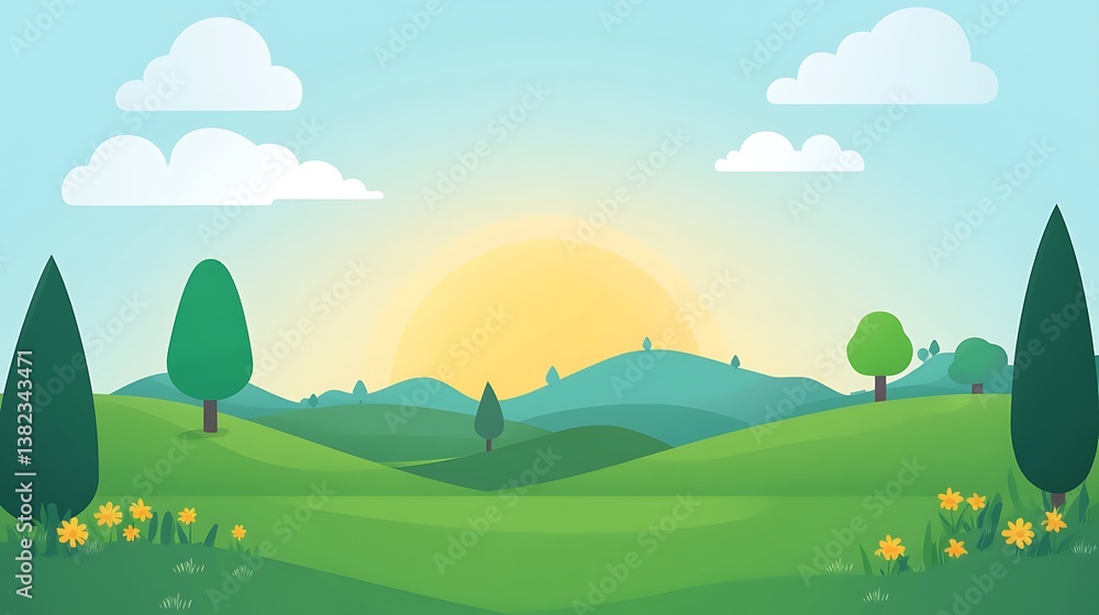 Serene Sunrise Over Rolling Green Hills And Trees Serene Sunrise Over Rolling Green Hills And Trees