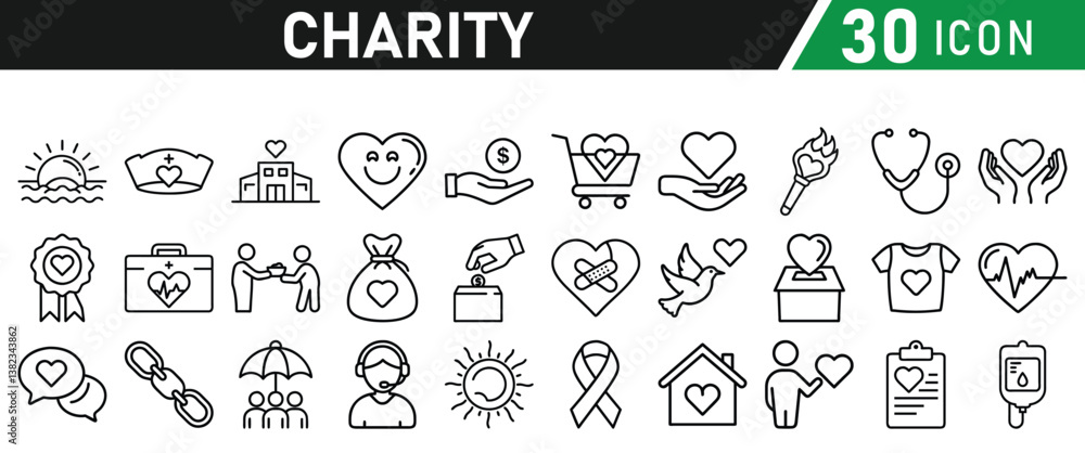 Fototapeta premium Charity and Donation icon set. Help, volunteer, donated, assistance, sharing and solidarity symbol. Liner icons vector collection for web.