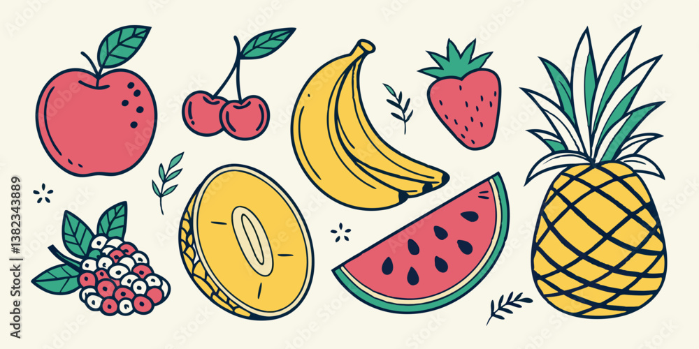 Doodle Style Healthy Fruit Collection: Apple, Banana, Cherries, Cantaloupe, Pineapple, Raspberries, Strawberry, Watermelon - Food Illustration Doodle Style Healthy Fruit Collection: Apple, Banana, Cherries, Cantaloupe, Pineapple, Raspberries, Strawberry, Watermelon - Food Illustration