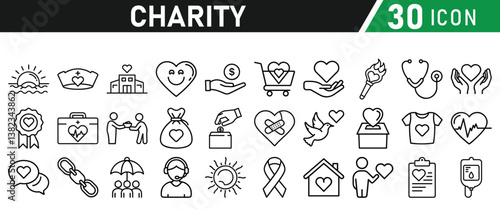 Charity and Donation icon set. Help, volunteer, donated, assistance, sharing and solidarity symbol. Liner icons vector collection for web.