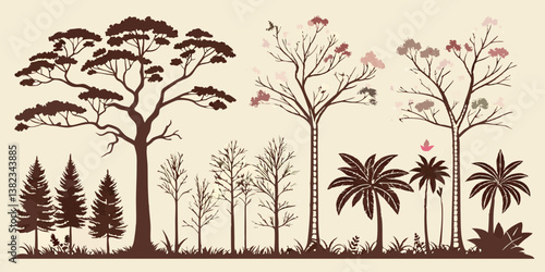 Various Tree Silhouettes Vector Beige Illustration