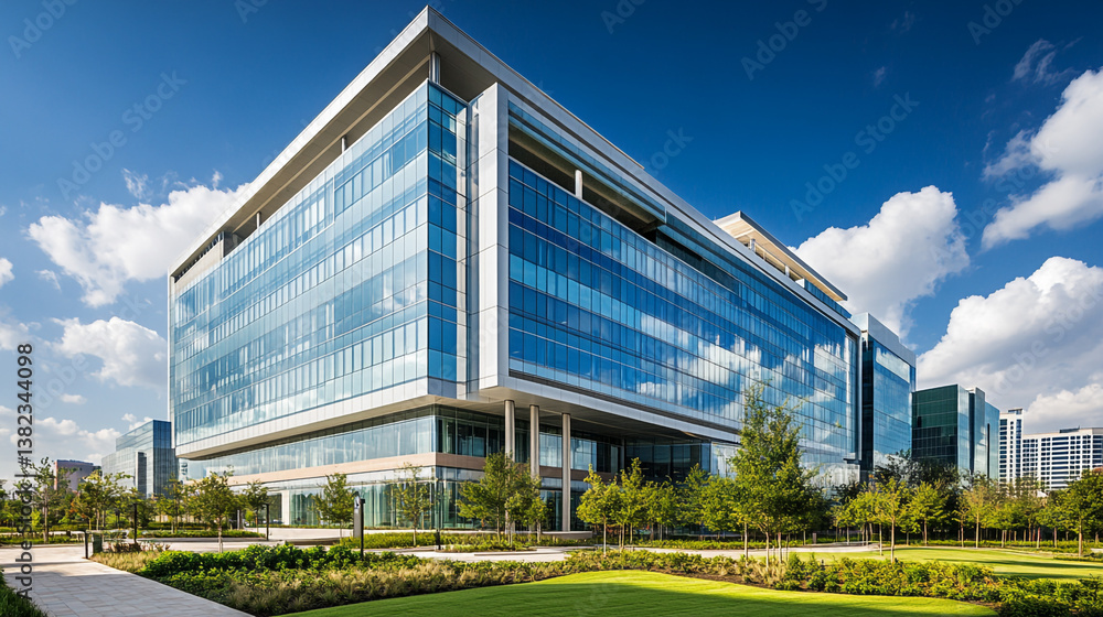 Fototapeta premium Sleek facade of modern glass office architecture reflecting the sky, Modern glass buildings with reflective facades set against a bright fluffy white clouds, Sustainable glass office building design.