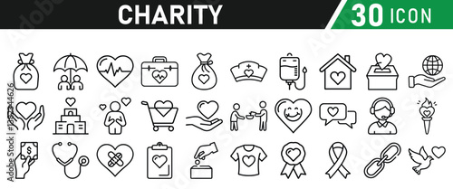 Charity and Donation icon set. Help, volunteer, donated, assistance, sharing and solidarity symbol. Liner icons vector collection for web.