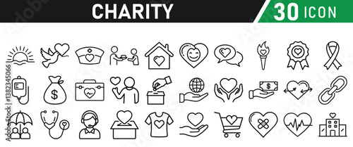 Charity and Donation icon set. Help, volunteer, donated, assistance, sharing and solidarity symbol. Liner icons vector collection for web.