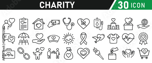 Charity and Donation icon set. Help, volunteer, donated, assistance, sharing and solidarity symbol. Liner icons vector collection for web.