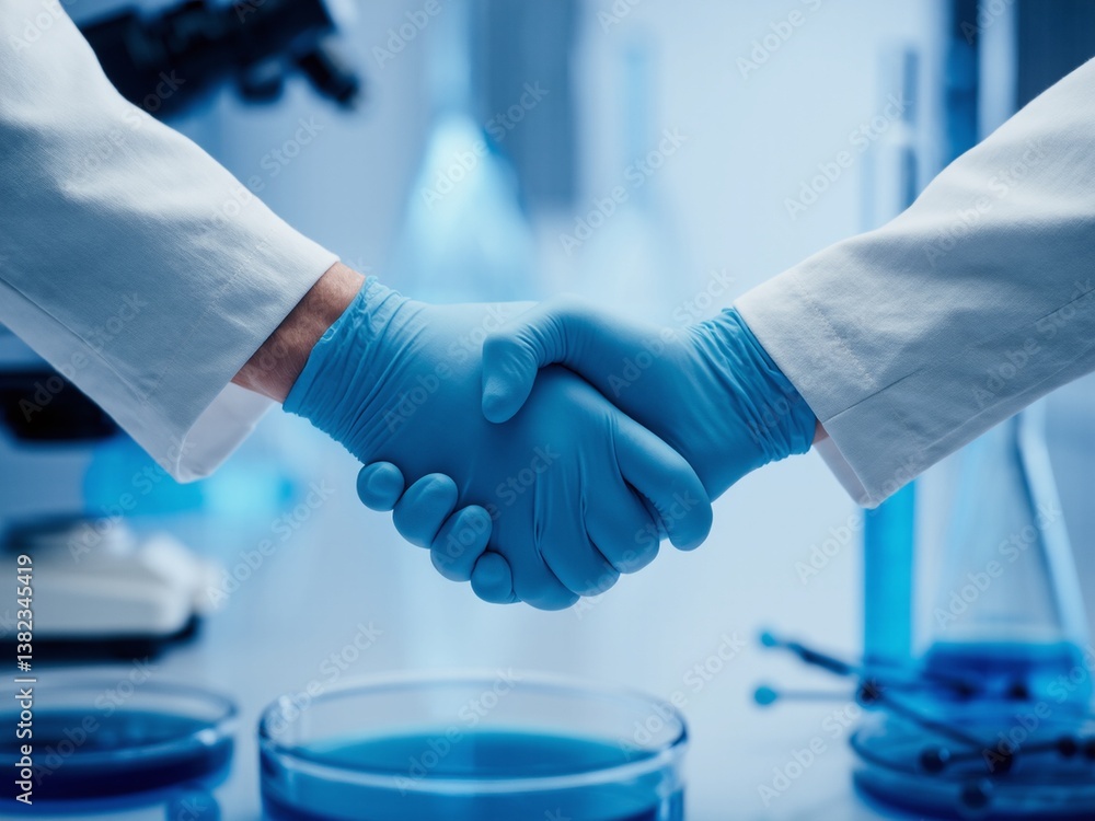 Gloved hands unite sealing agreement in sterile lab environment showcasing collaboration success scientific setting Gloved hands unite sealing agreement in sterile lab environment showcasing collaboration success scientific setting