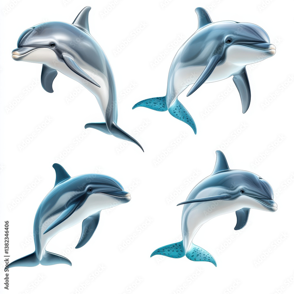 Fototapeta premium Dolphin's graceful dance in the ocean: A collection of photorealistic dolphins gracefully leaping and playing in the ocean, showcasing their agility and joyful interaction with their environment.
