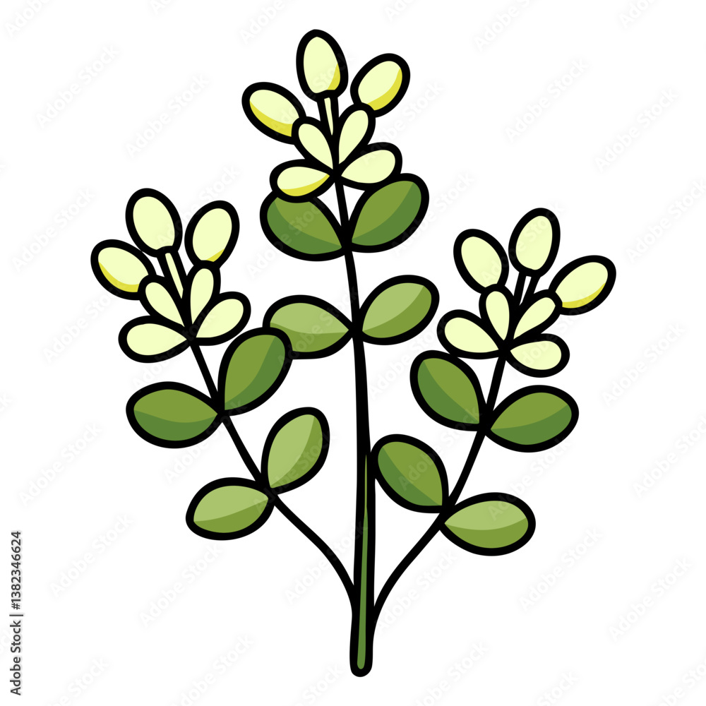 Obraz premium Green Plant Illustration Leaves, Stem, and Pale Yellow Flowers
