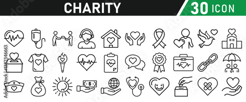 Charity and Donation icon set. Help, volunteer, donated, assistance, sharing and solidarity symbol. Liner icons vector collection for web.