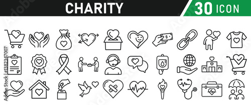 Charity and Donation icon set. Help, volunteer, donated, assistance, sharing and solidarity symbol. Liner icons vector collection for web.